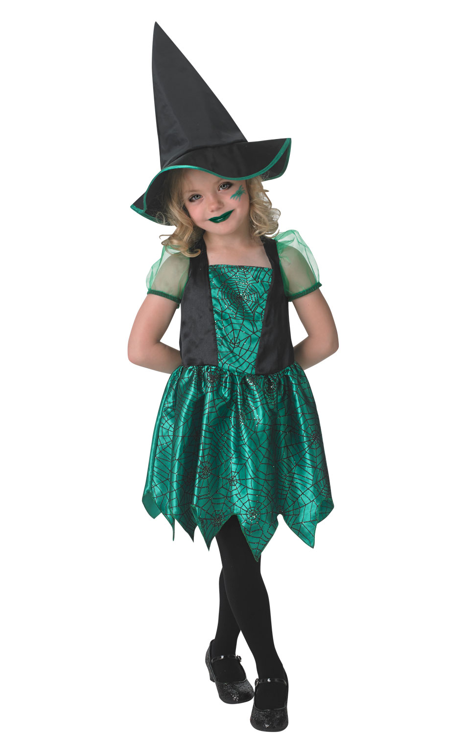 Billede af Grøn Edderkop Heks Halloween udklædning til børn