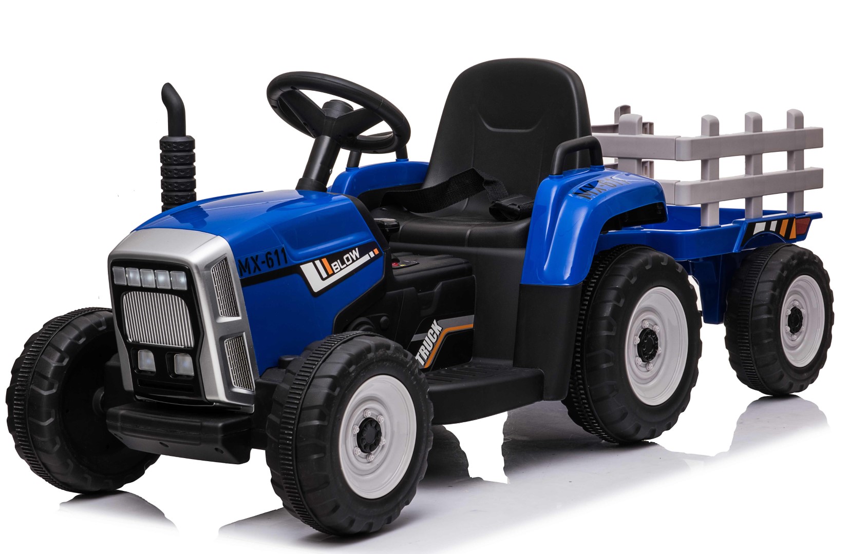 Se EL Traktor med anhænger Blå 12V m/2.4G, Lædersæde, Gummihjul hos MM Action