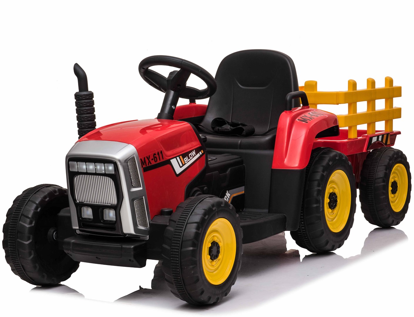 Se EL Traktor med anhænger Rød 12V m/2.4G, Lædersæde, Gummihjul hos MM Action