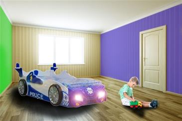 Politibil Træ Børne børneseng med LED Lys/Madras-4
