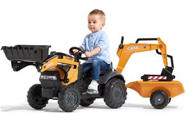 Case Construction Pedal Traktor m/Frontskovl + Trailer + Gravekran