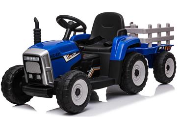 EL Traktor med anhænger Blå 12V m/2.4G, Kunstlædersæde, Gummihjul