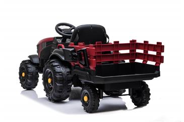 EL Traktor med anhænger til Børn 12V m/2.4G, Lædersæde, Gummihjul - Rød-12