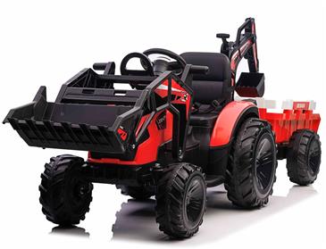 EL Traktor med  Frontskovl + Gravekran + Trailer til Børn 21,6V Rød