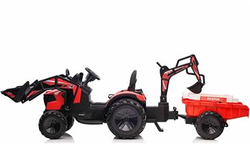 EL Traktor med  Frontskovl + Gravekran + Trailer til Børn 21,6V Rød-2