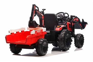 EL Traktor med  Frontskovl + Gravekran + Trailer til Børn 21,6V Rød-3