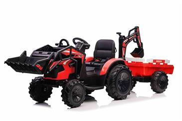 EL Traktor med  Frontskovl + Gravekran + Trailer til Børn 21,6V Rød-4